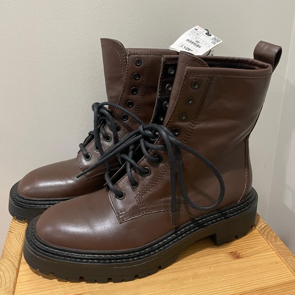 Zara Brown Lace Up Platform Ankle Size EU 39 US 8 Combat Biker Lug Chunky Boots - Picture 6 of 9